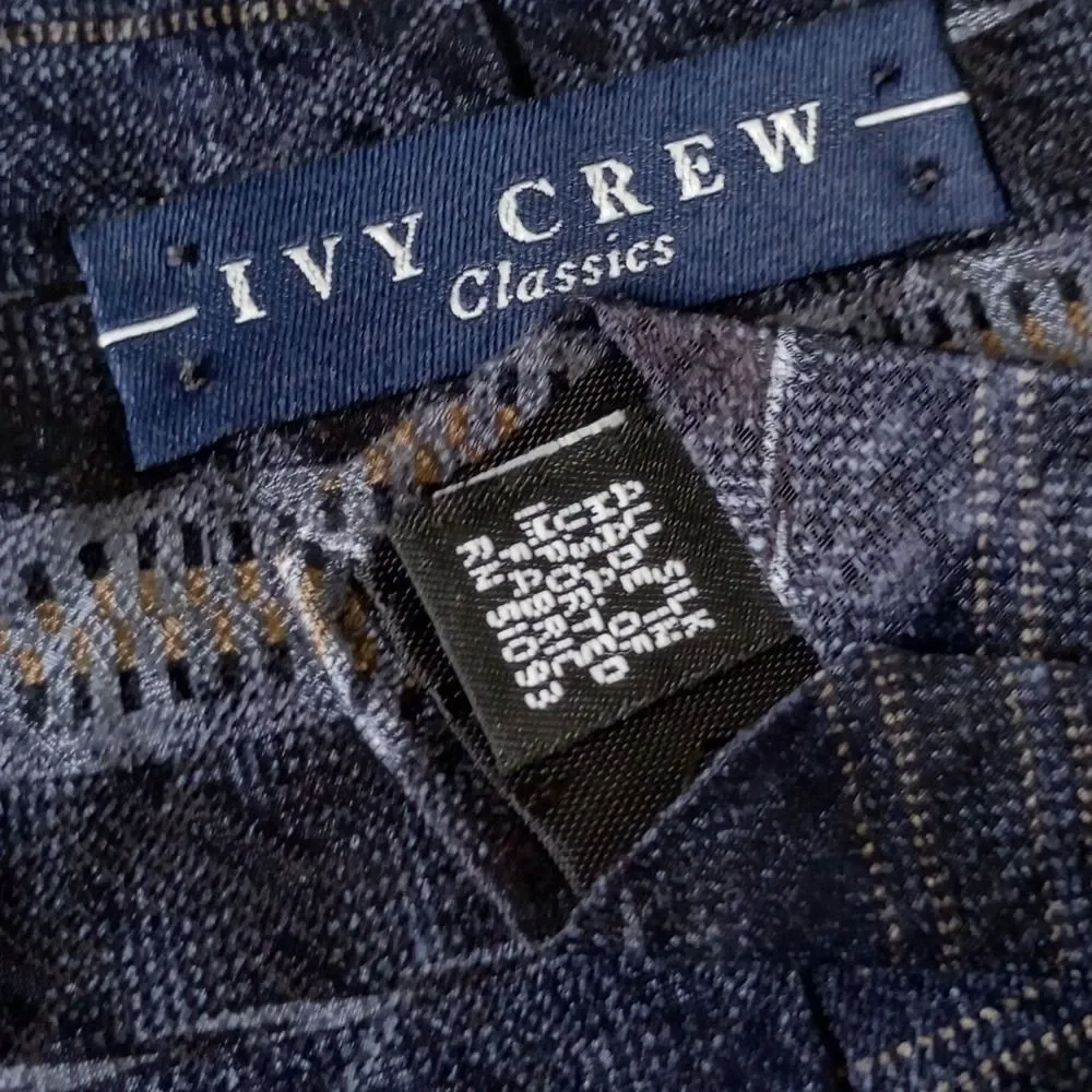 Ivy Crew Classics Mens Silk Tie Navy Blue Gray Gold Geometric Striped Jacquard